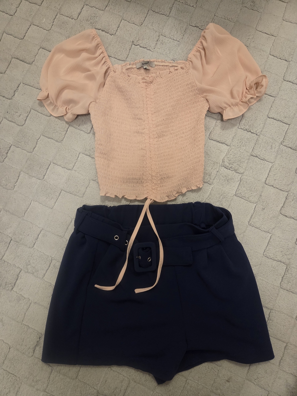 Papaya Blush Pink Smocked Puff-Sleeve Crop Top & Navy Blue Shorts
